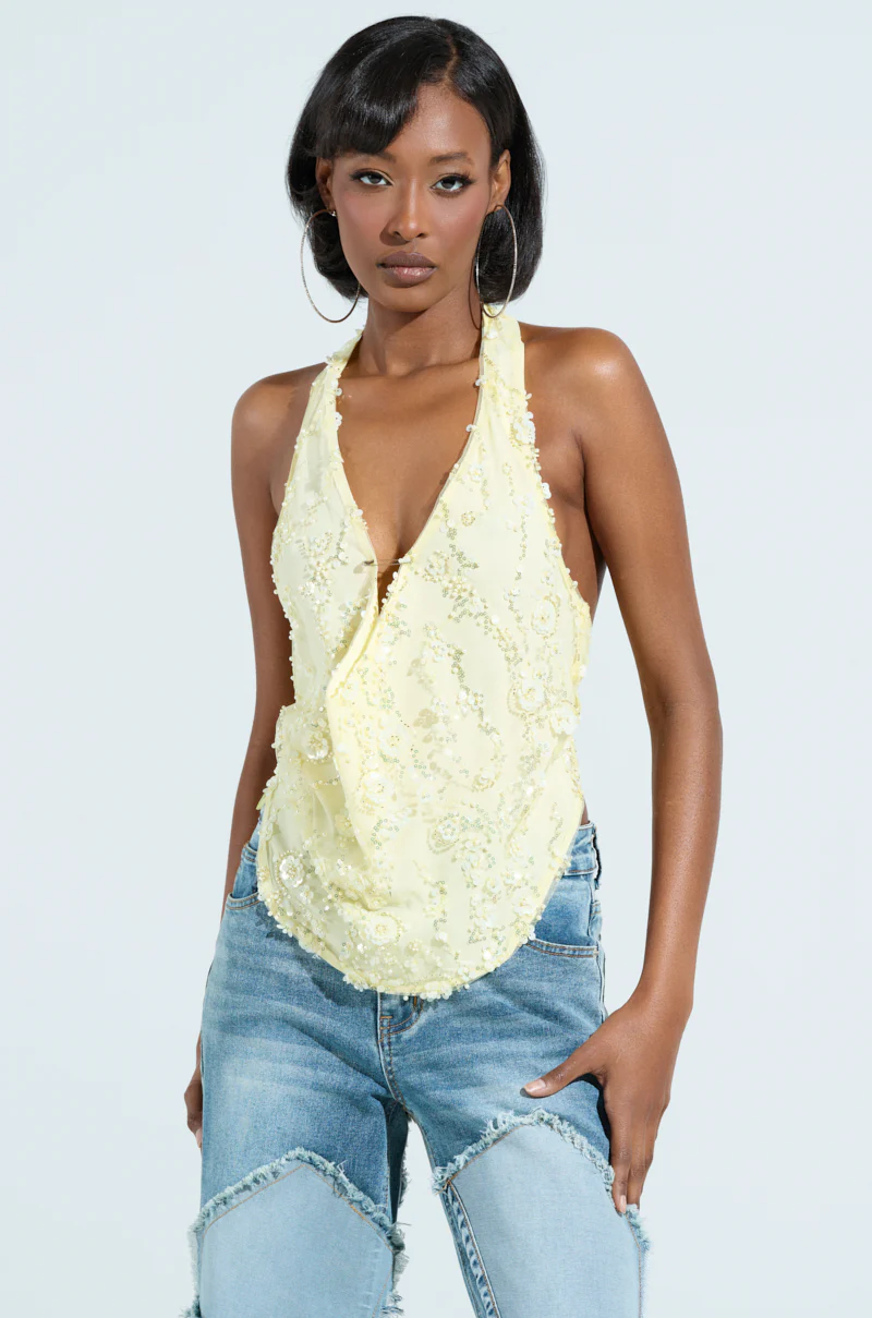SHINE BRIGHT BABY YELLOW SEQUIN HALTER TOP - Image 2