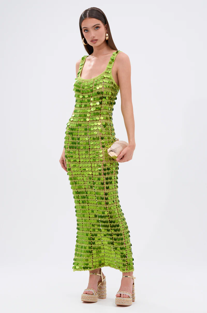 SHINE BRIGHT CROCHET SEQUIN MAXI DRESS IN GREEN - Image 2