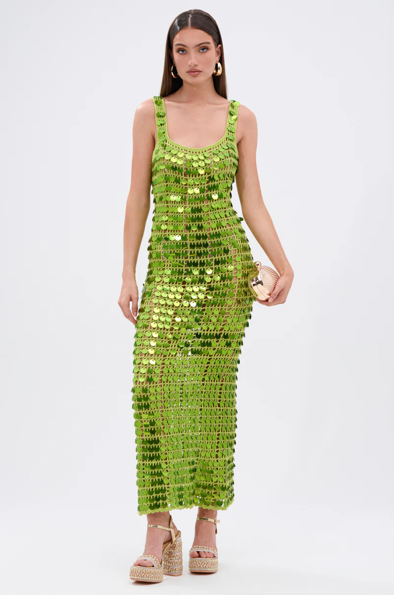 SHINE BRIGHT CROCHET SEQUIN MAXI DRESS IN GREEN - Image 3