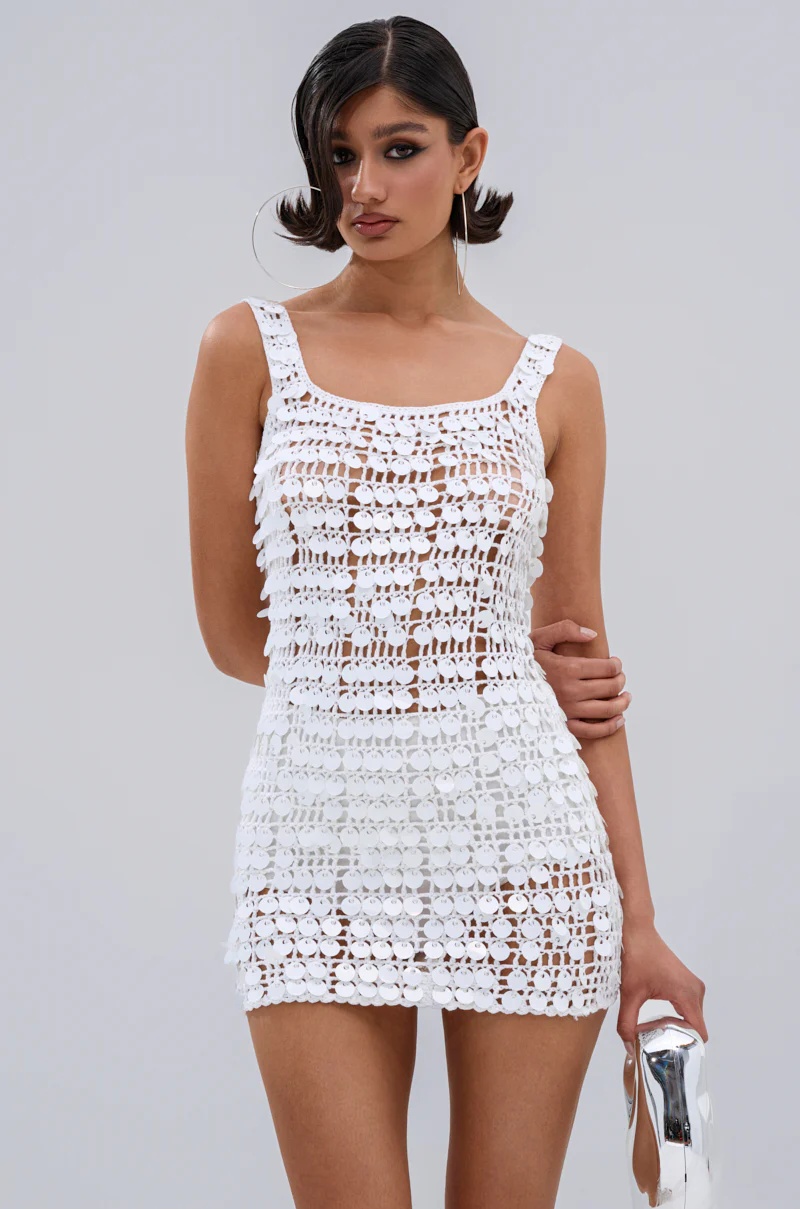 SHINE BRIGHT CROCHET SEQUIN MINI DRESS IN WHITE - Image 3