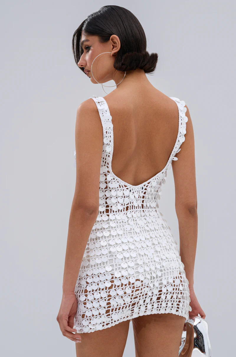 SHINE BRIGHT CROCHET SEQUIN MINI DRESS IN WHITE - Image 6