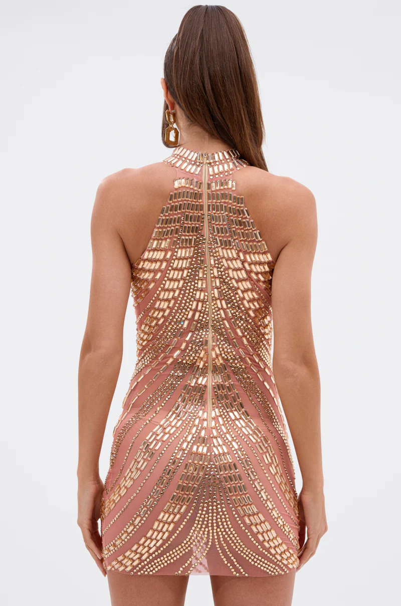 SHINE BRIGHT RHINESTONE MESH MINI DRESS IN ROSE GOLD - Image 6