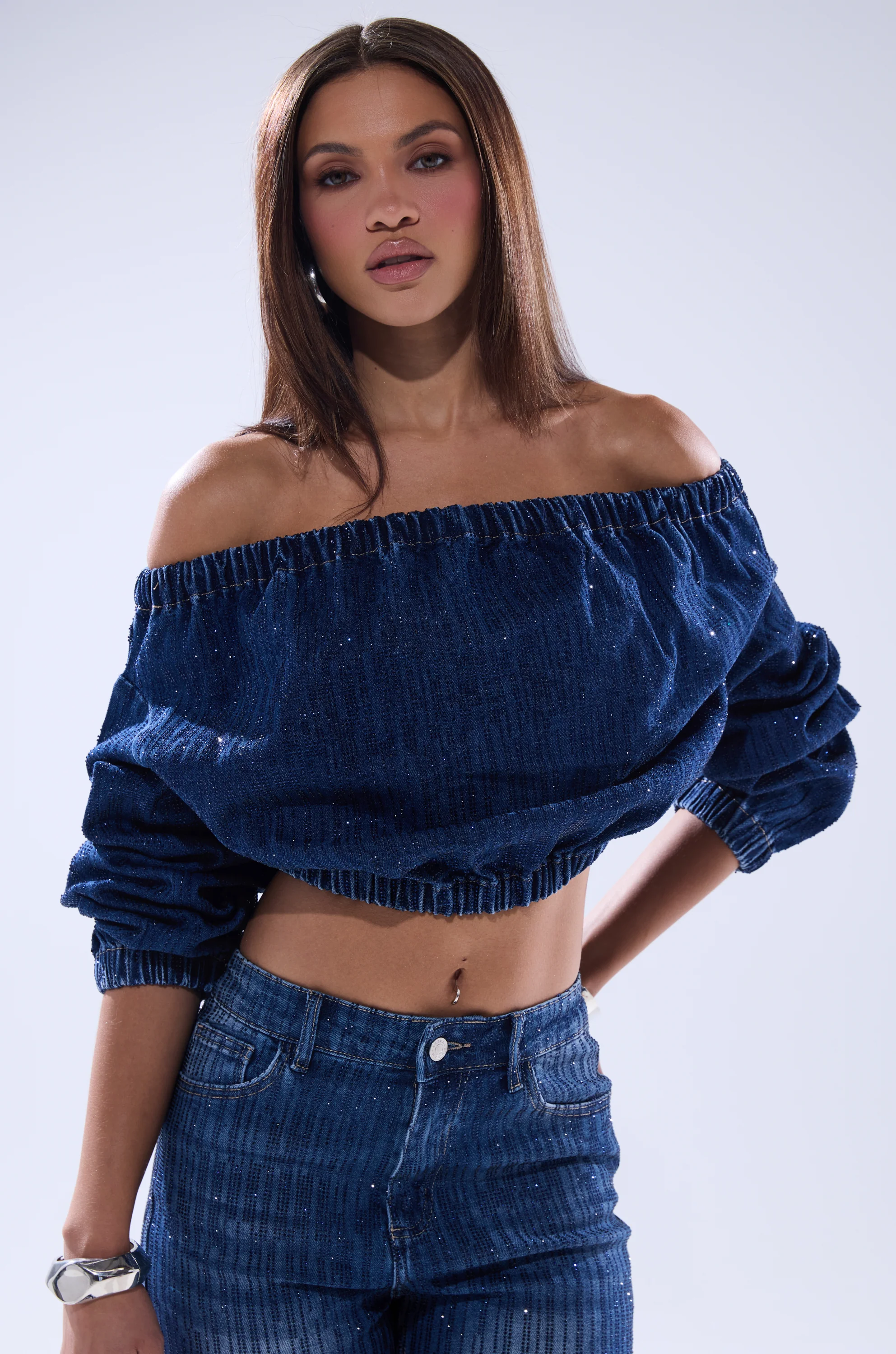 SHINING STAR OFF THE SHOULDER RHINESTONE DENIM SWEATSHIRT - Image 3