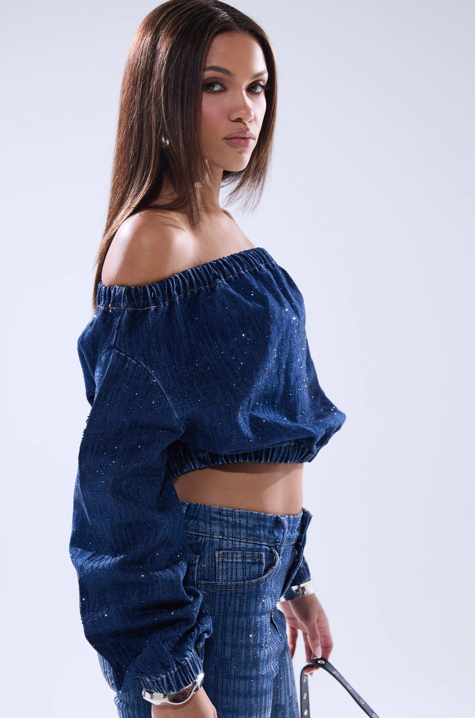 SHINING STAR OFF THE SHOULDER RHINESTONE DENIM SWEATSHIRT - Image 4