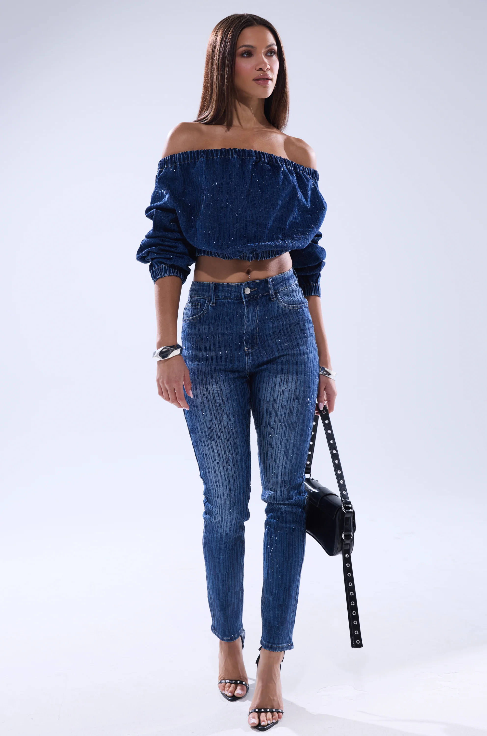 SHINING STAR OFF THE SHOULDER RHINESTONE DENIM SWEATSHIRT - Image 7