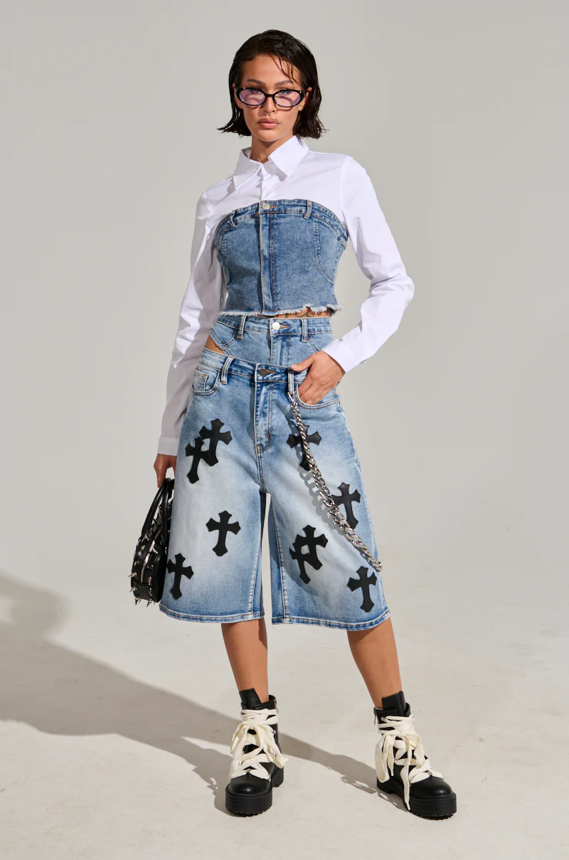 SITTING PRETTY POPLIN & DENIM LONG SLEEVE TOP - Image 6
