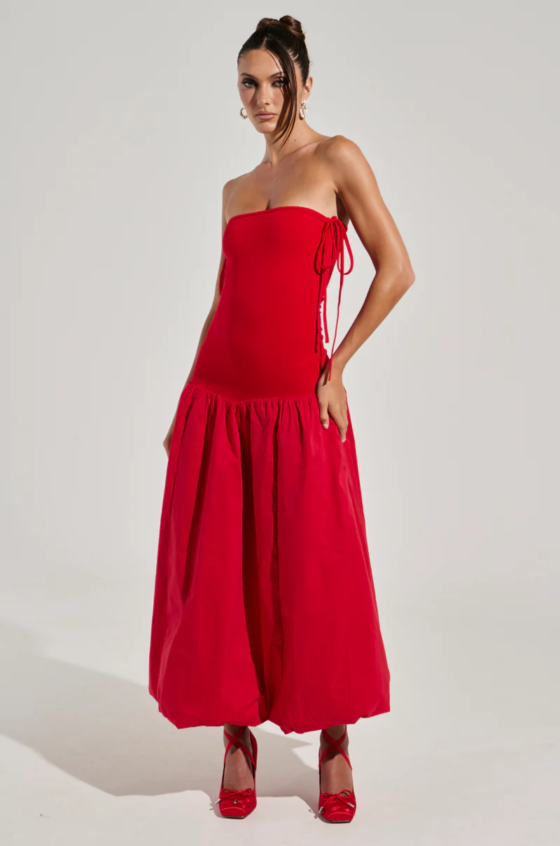 SITTING PRETTY POPLIN MIDI DRESS IN RED - Image 3