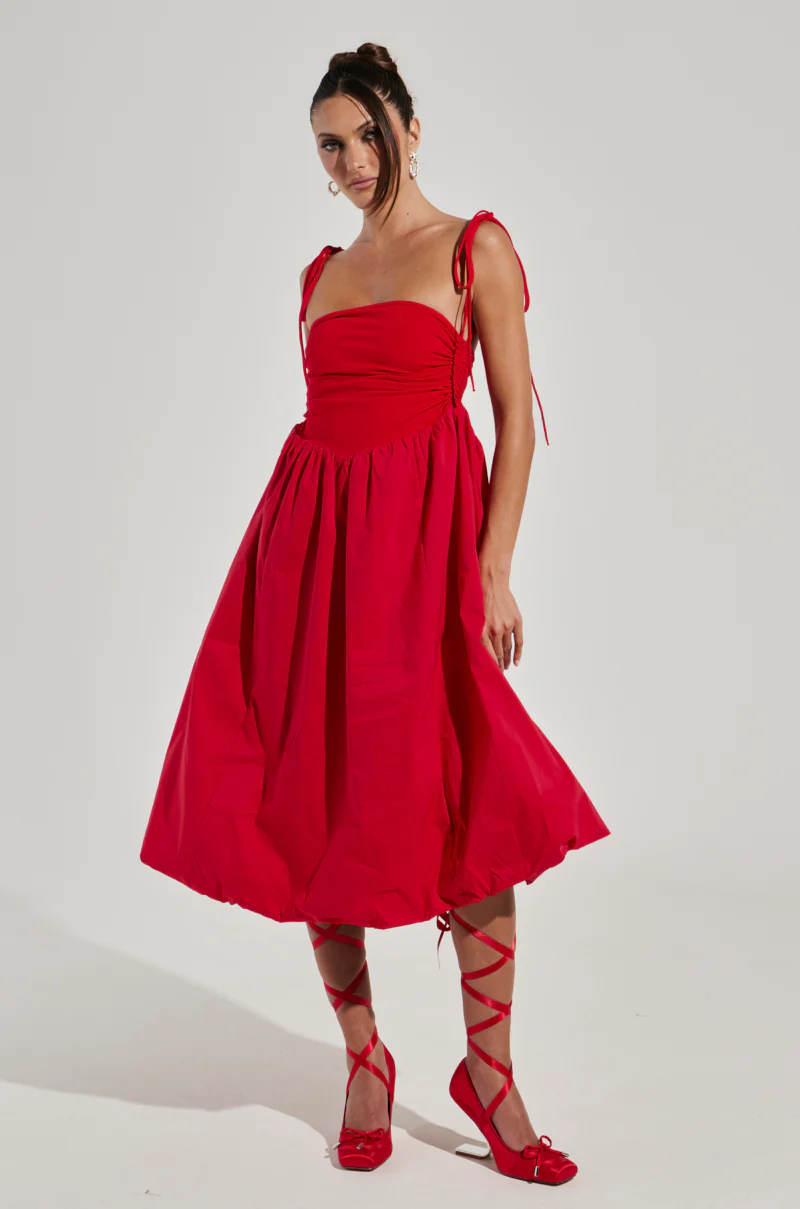 SITTING PRETTY POPLIN MIDI DRESS IN RED - Image 5