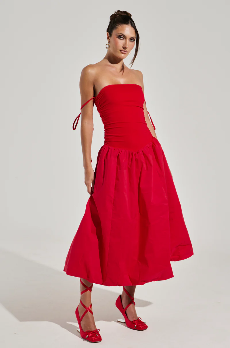 SITTING PRETTY POPLIN MIDI DRESS IN RED - Image 7