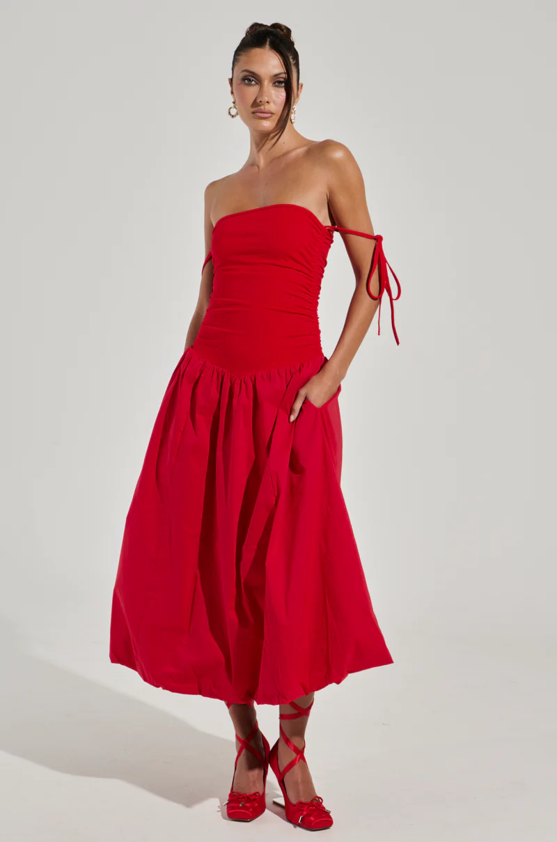 SITTING PRETTY POPLIN MIDI DRESS IN RED - Image 8