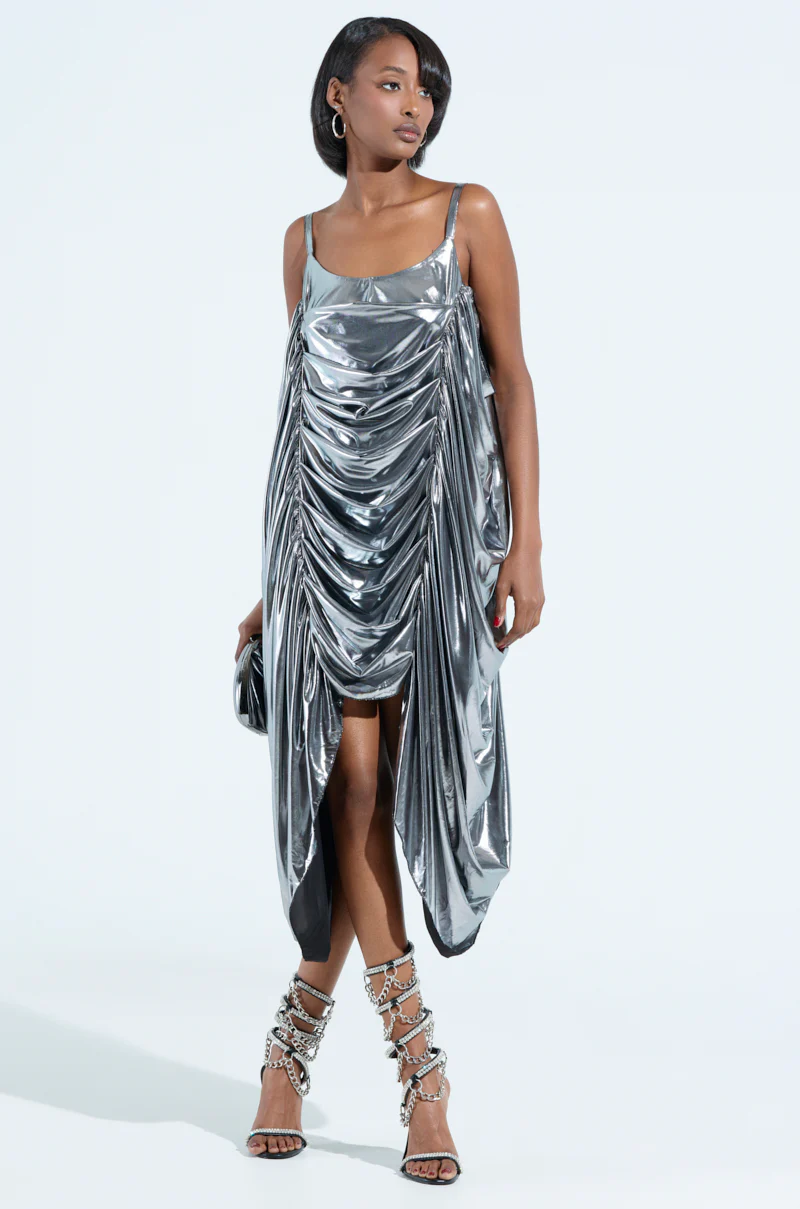 SMOOTH OPERATOR RUCHED MINI DRESS IN METALLIC GREY - Image 2