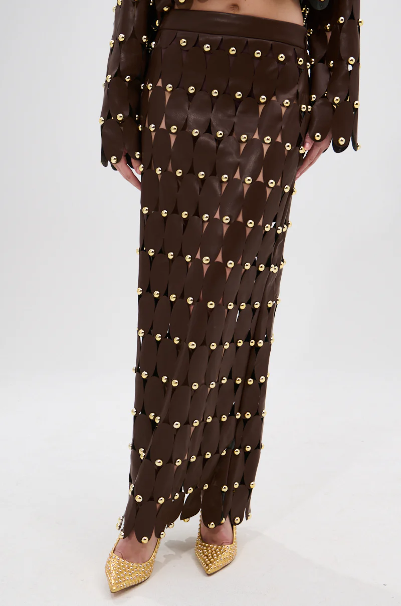 SNEAK PEEK STUDDED PU MIDI SKIRT IN BROWN - Image 2