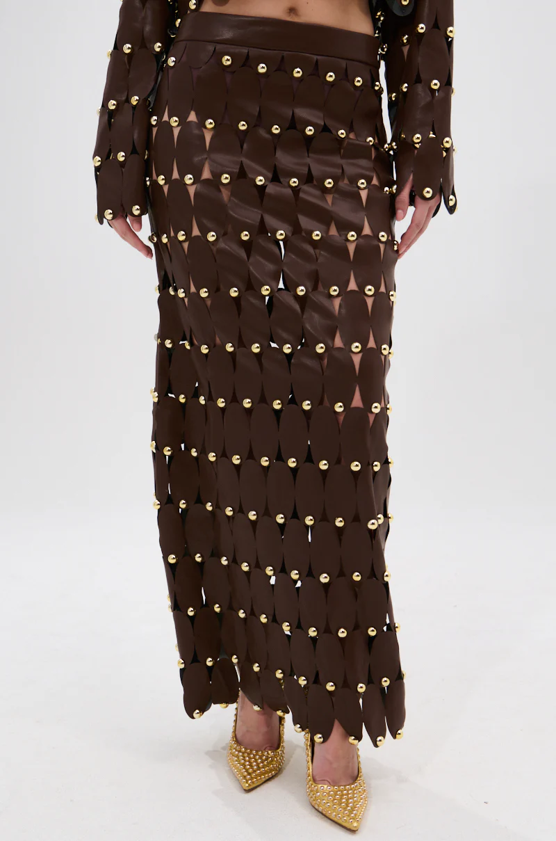 SNEAK PEEK STUDDED PU MIDI SKIRT IN BROWN - Image 3