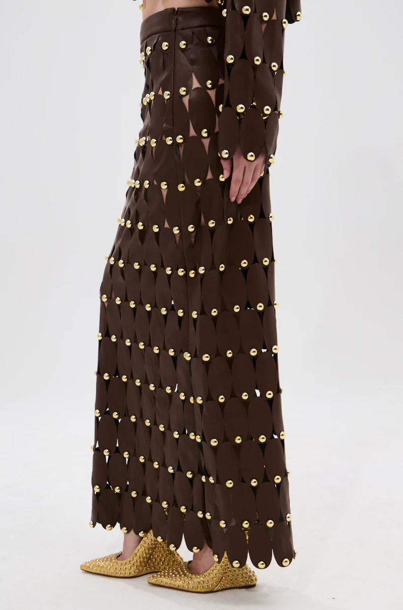 SNEAK PEEK STUDDED PU MIDI SKIRT IN BROWN - Image 4
