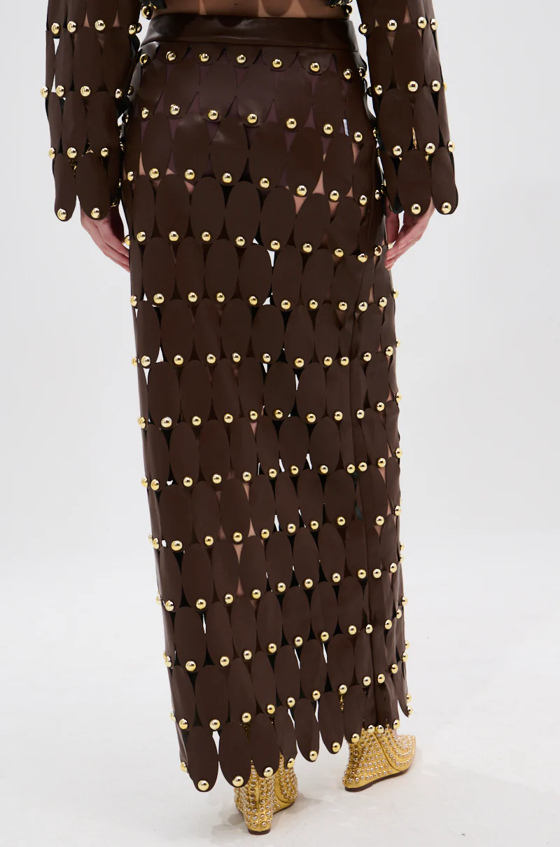 SNEAK PEEK STUDDED PU MIDI SKIRT IN BROWN - Image 5