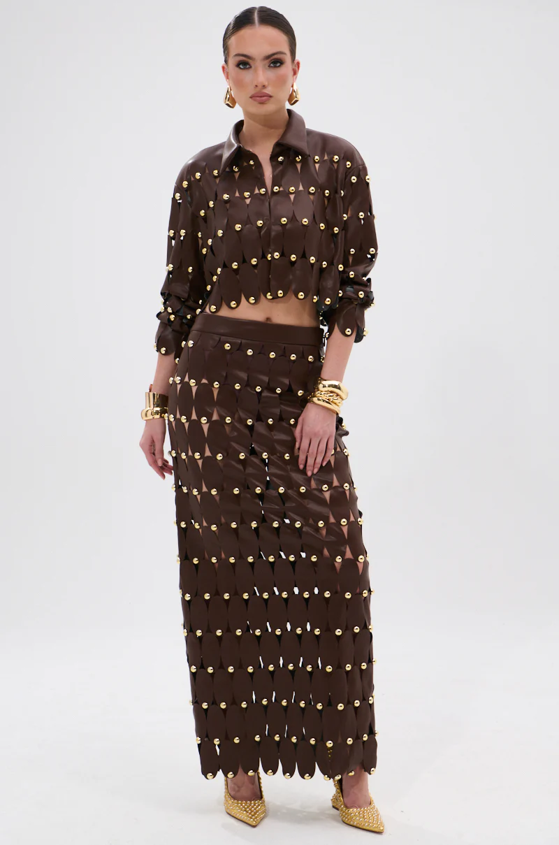 SNEAK PEEK STUDDED PU MIDI SKIRT IN BROWN - Image 6