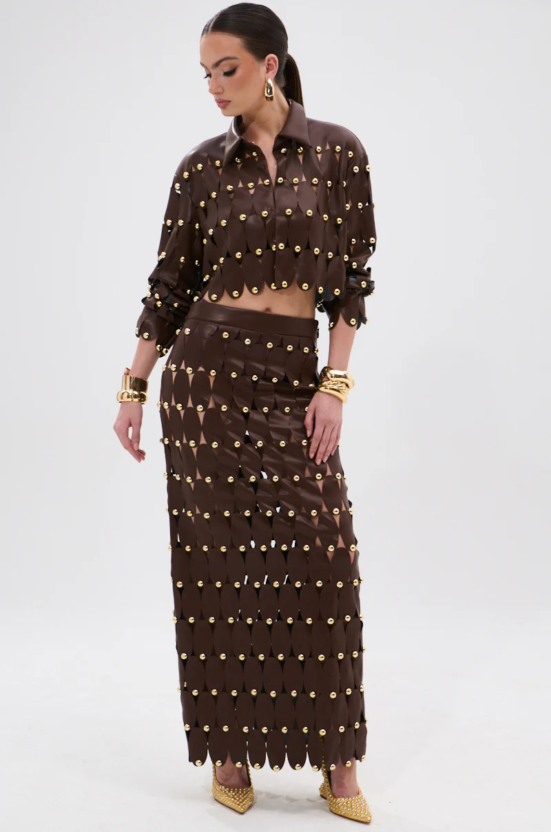 SNEAK PEEK STUDDED PU MIDI SKIRT IN BROWN - Image 7