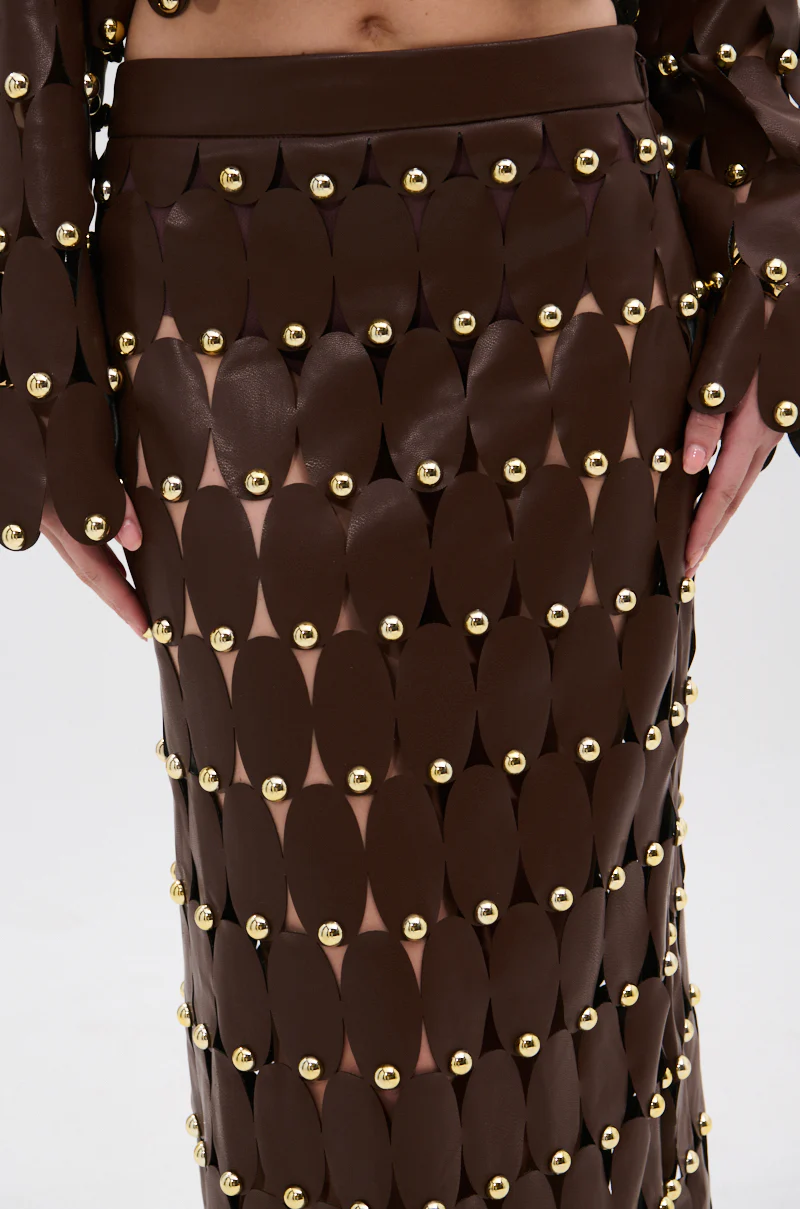 SNEAK PEEK STUDDED PU MIDI SKIRT IN BROWN - Image 9