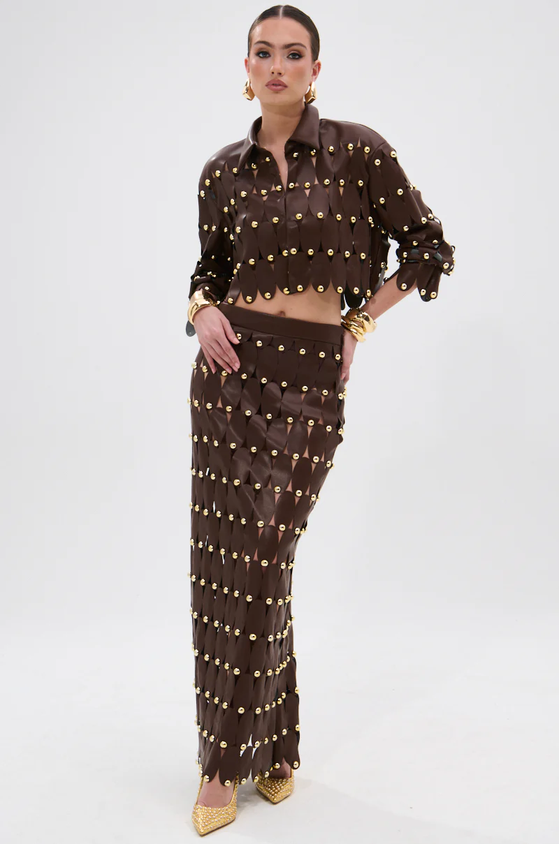 SNEAK PEEK STUDDED PU CROP CARDIGAN IN BROWN - Image 10