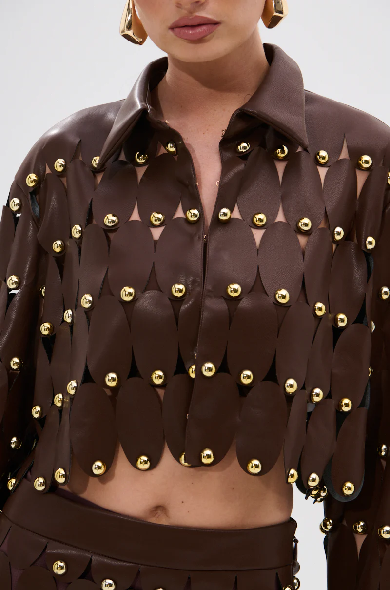 SNEAK PEEK STUDDED PU CROP CARDIGAN IN BROWN - Image 11