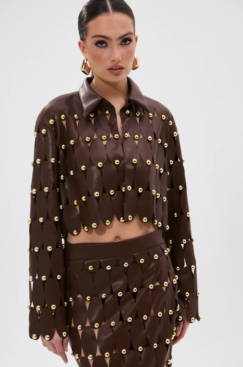 SNEAK PEEK STUDDED PU CROP CARDIGAN IN BROWN - Image 3