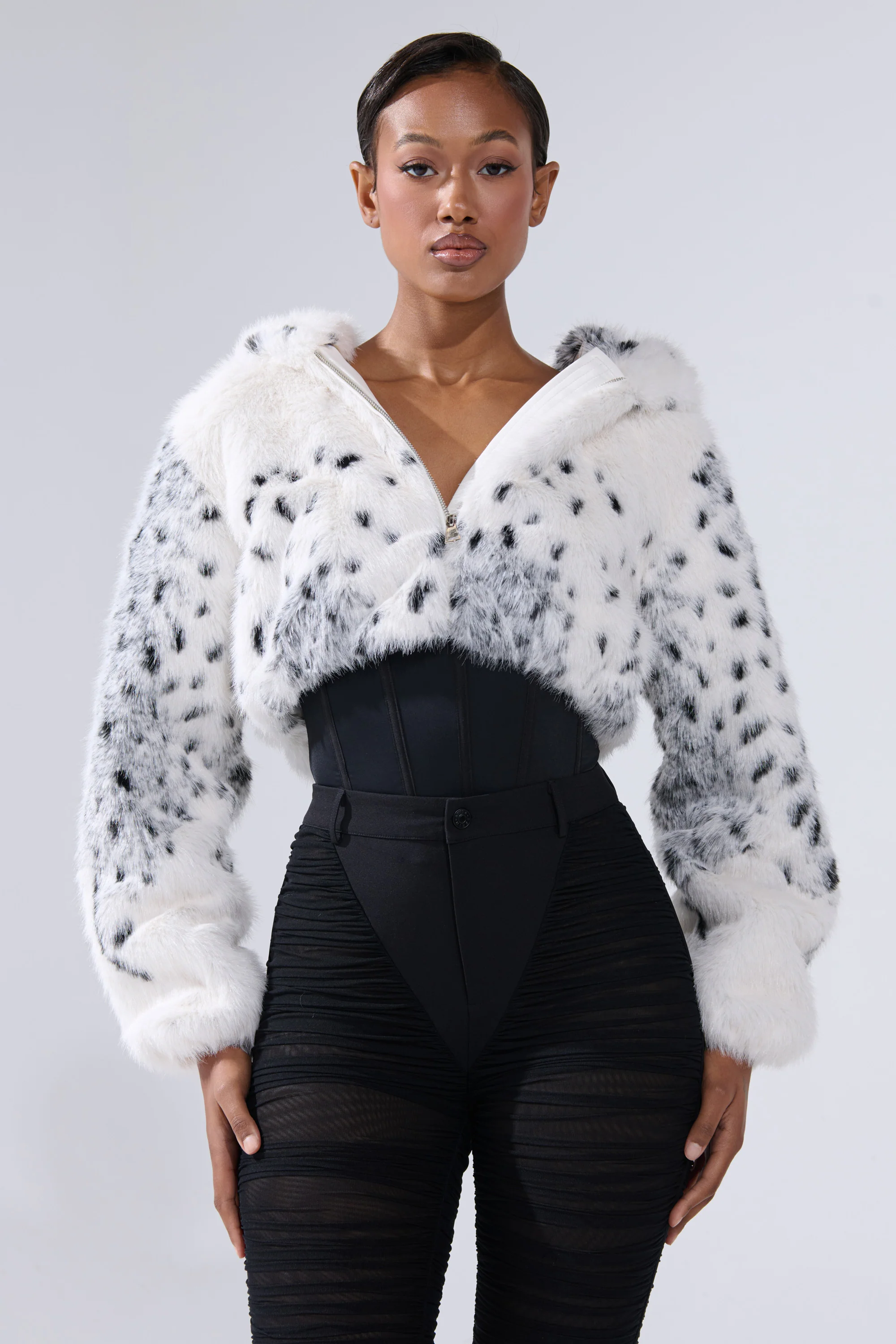 SNOW LEOPARD HOODED FUR BOMBER - Image 2