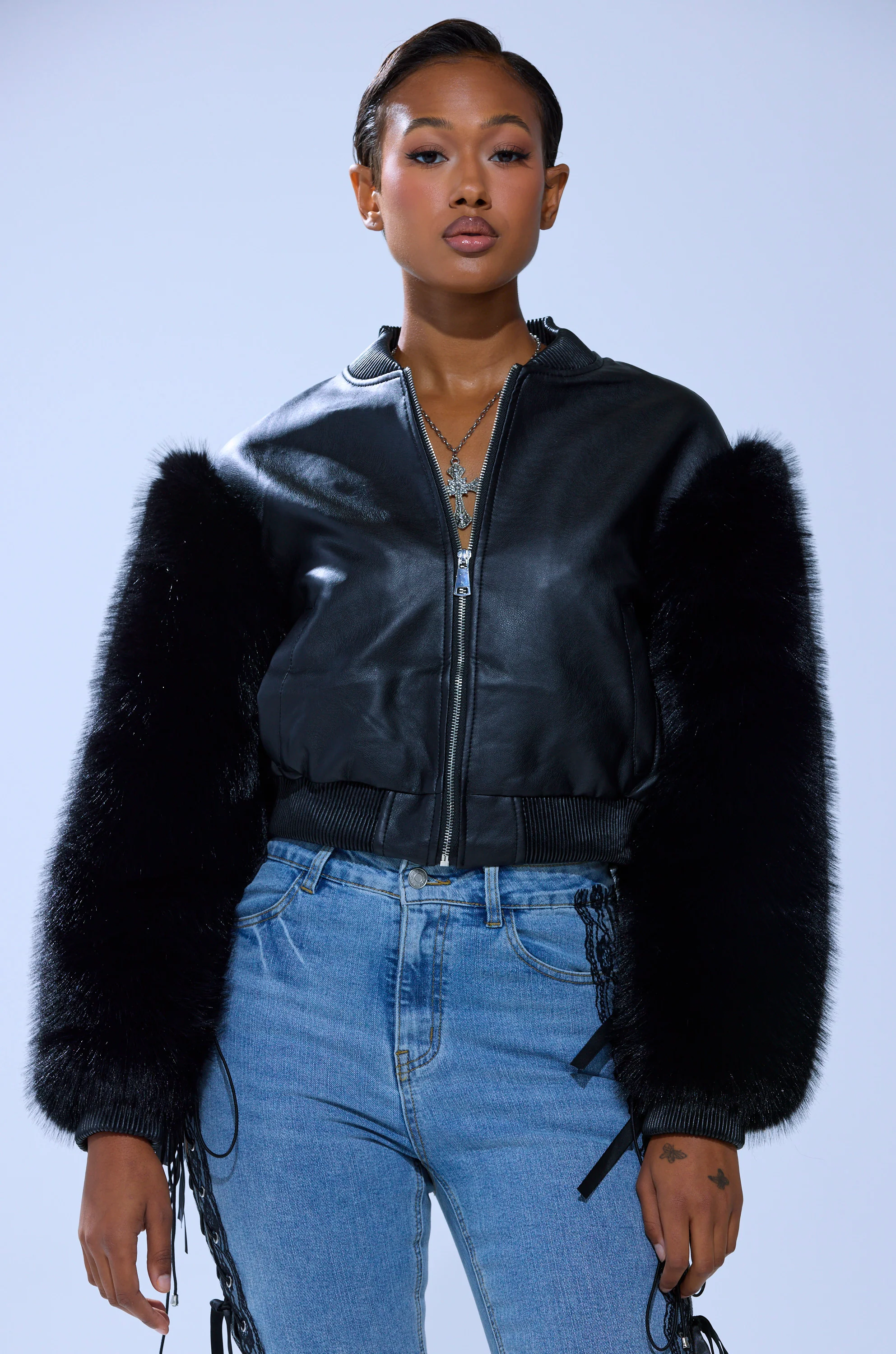 SO GOOD IT HURTS FUR SLEEVE BOMBER IN BLACK - Image 2
