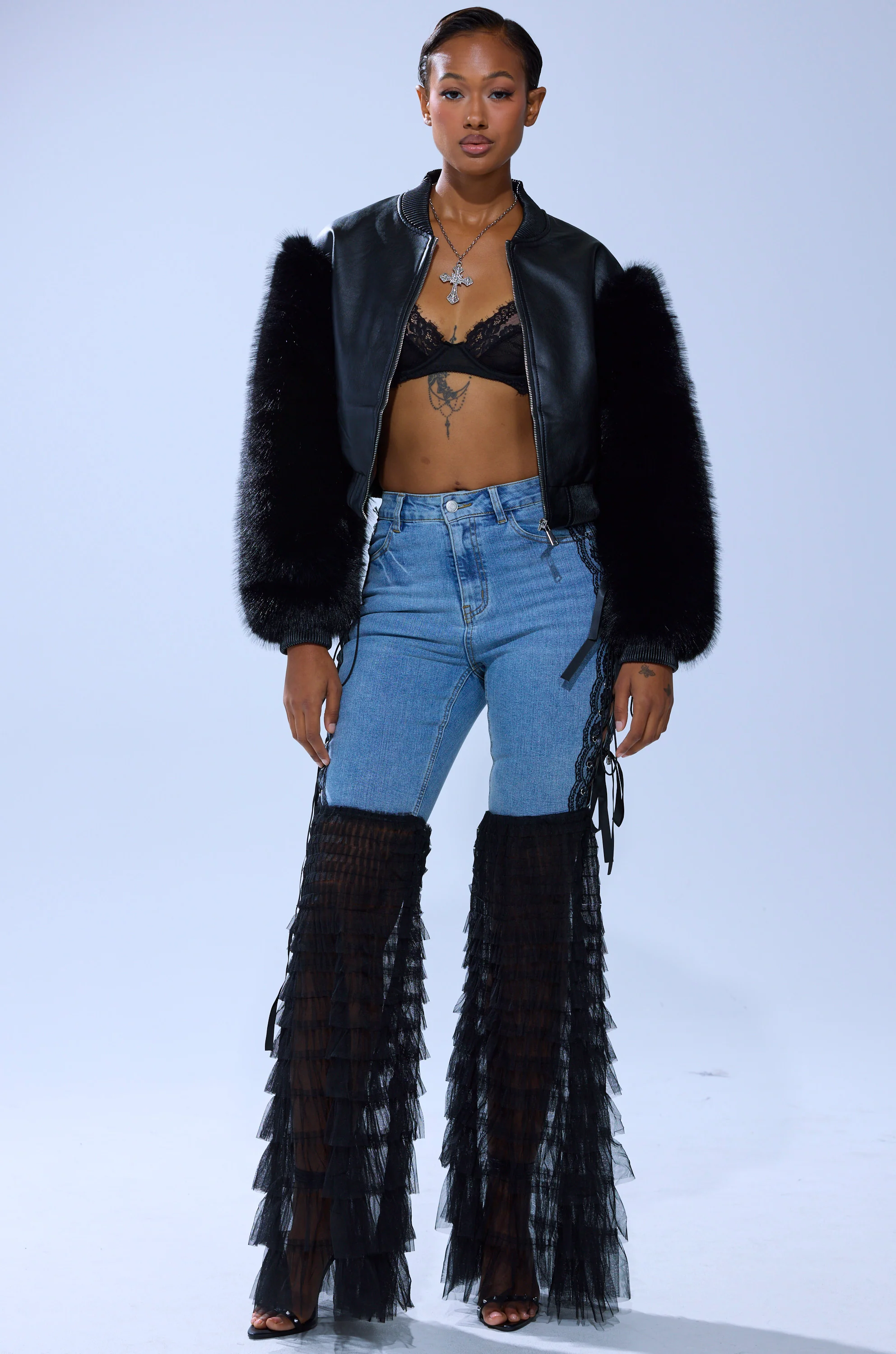 SO GOOD IT HURTS FUR SLEEVE BOMBER IN BLACK - Image 7