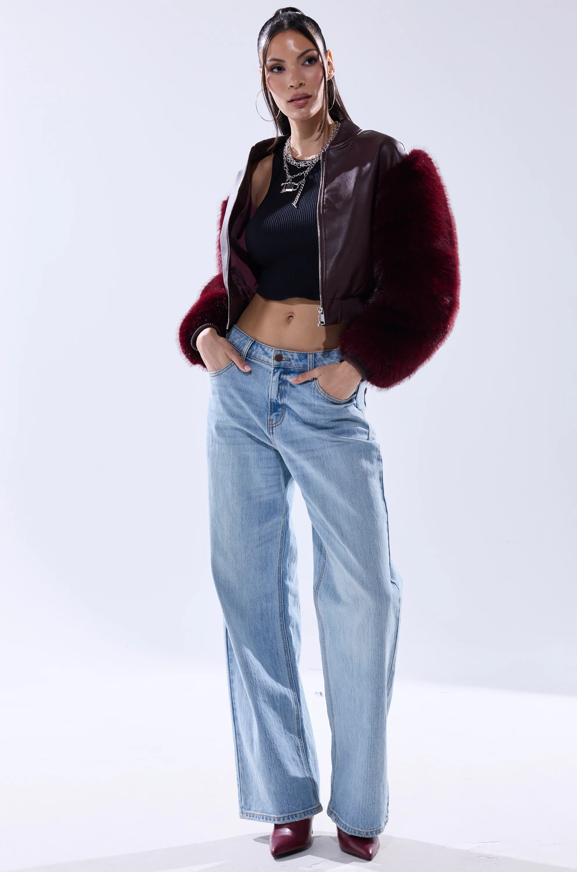 SO GOOD IT HURTS FUR SLEEVE BOMBER IN BURGUNDY - Image 10