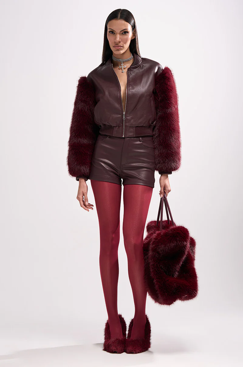 SO GOOD IT HURTS FUR SLEEVE BOMBER IN BURGUNDY - Image 2