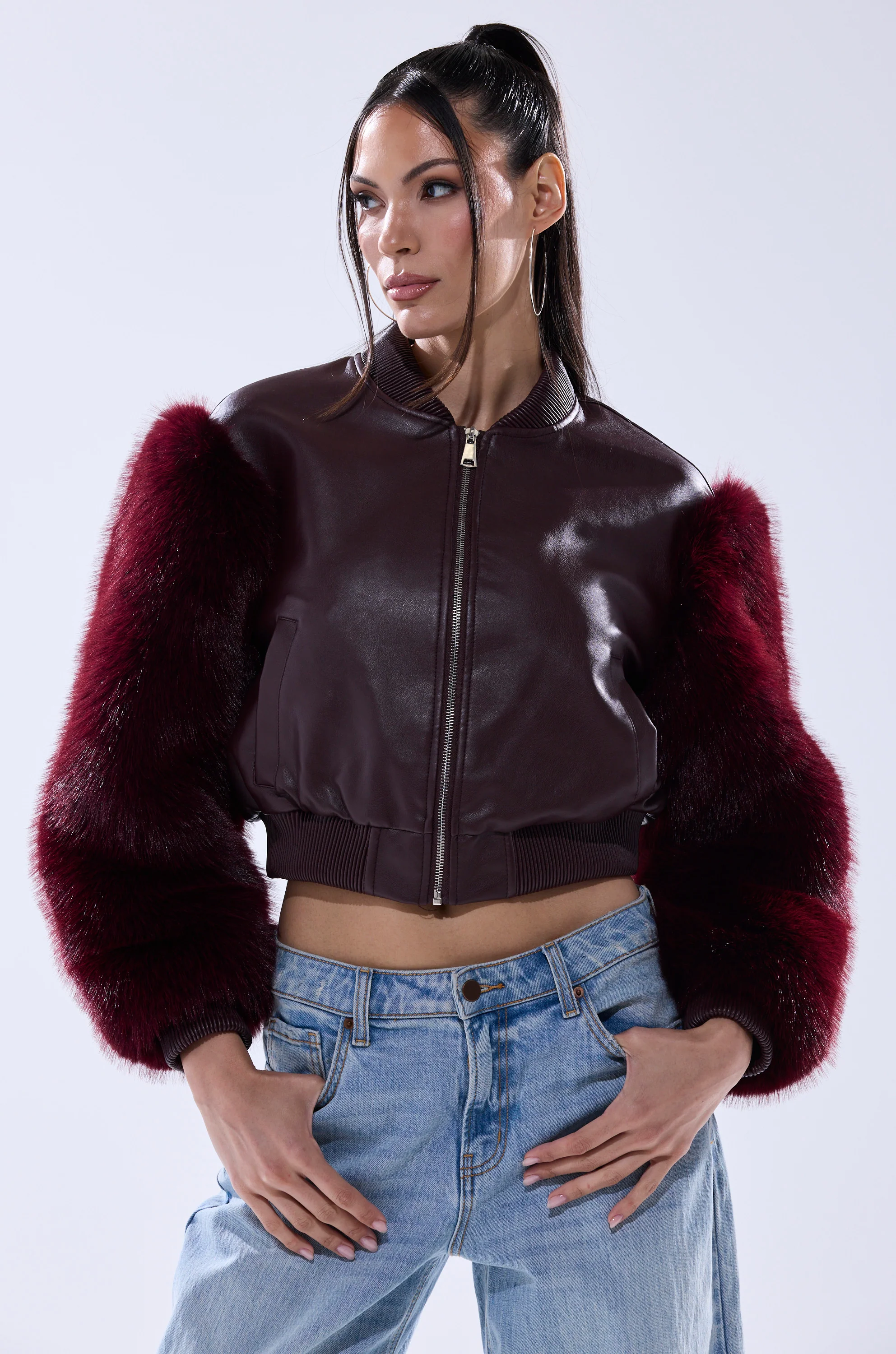 SO GOOD IT HURTS FUR SLEEVE BOMBER IN BURGUNDY - Image 4