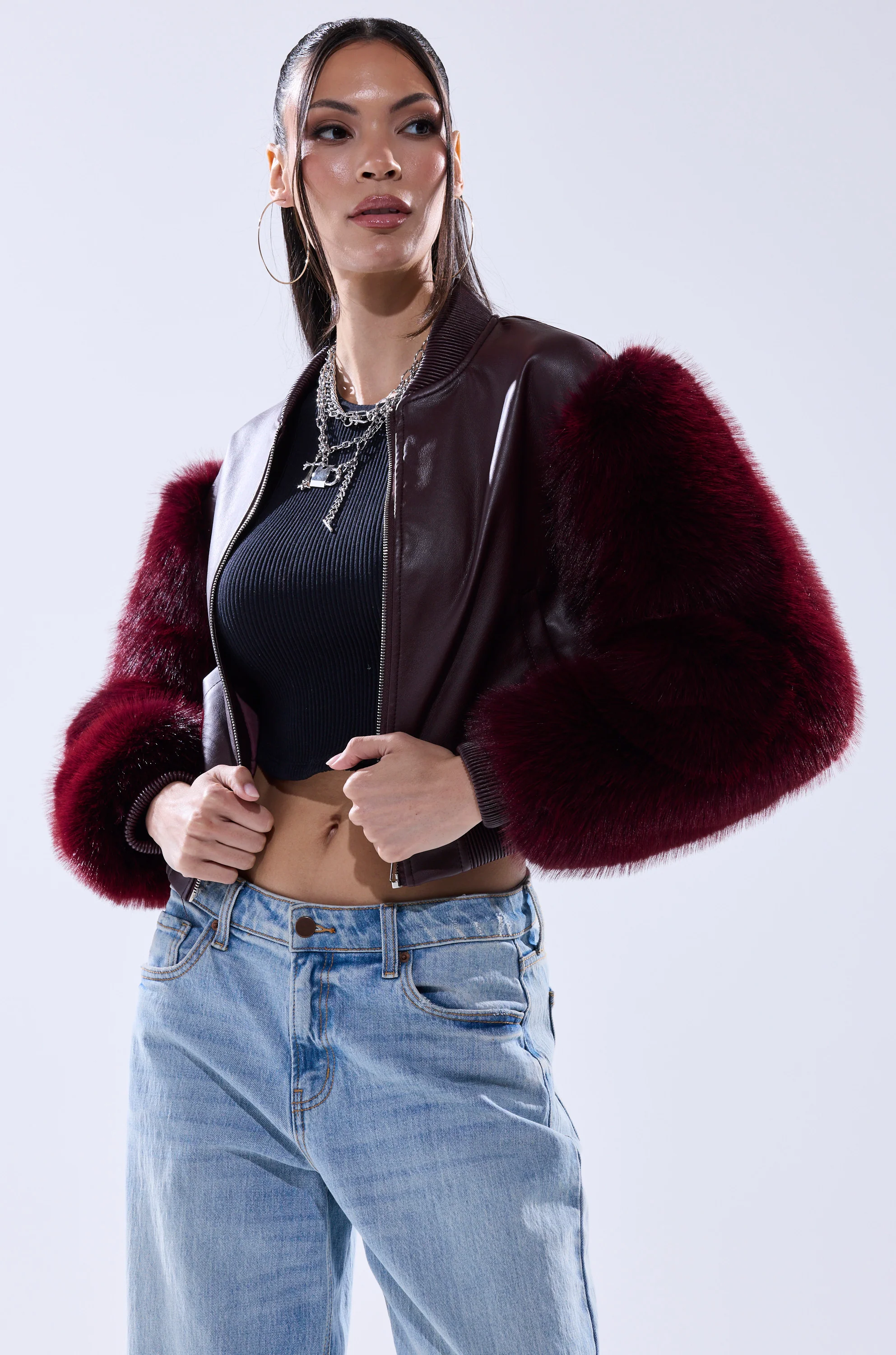 SO GOOD IT HURTS FUR SLEEVE BOMBER IN BURGUNDY - Image 7