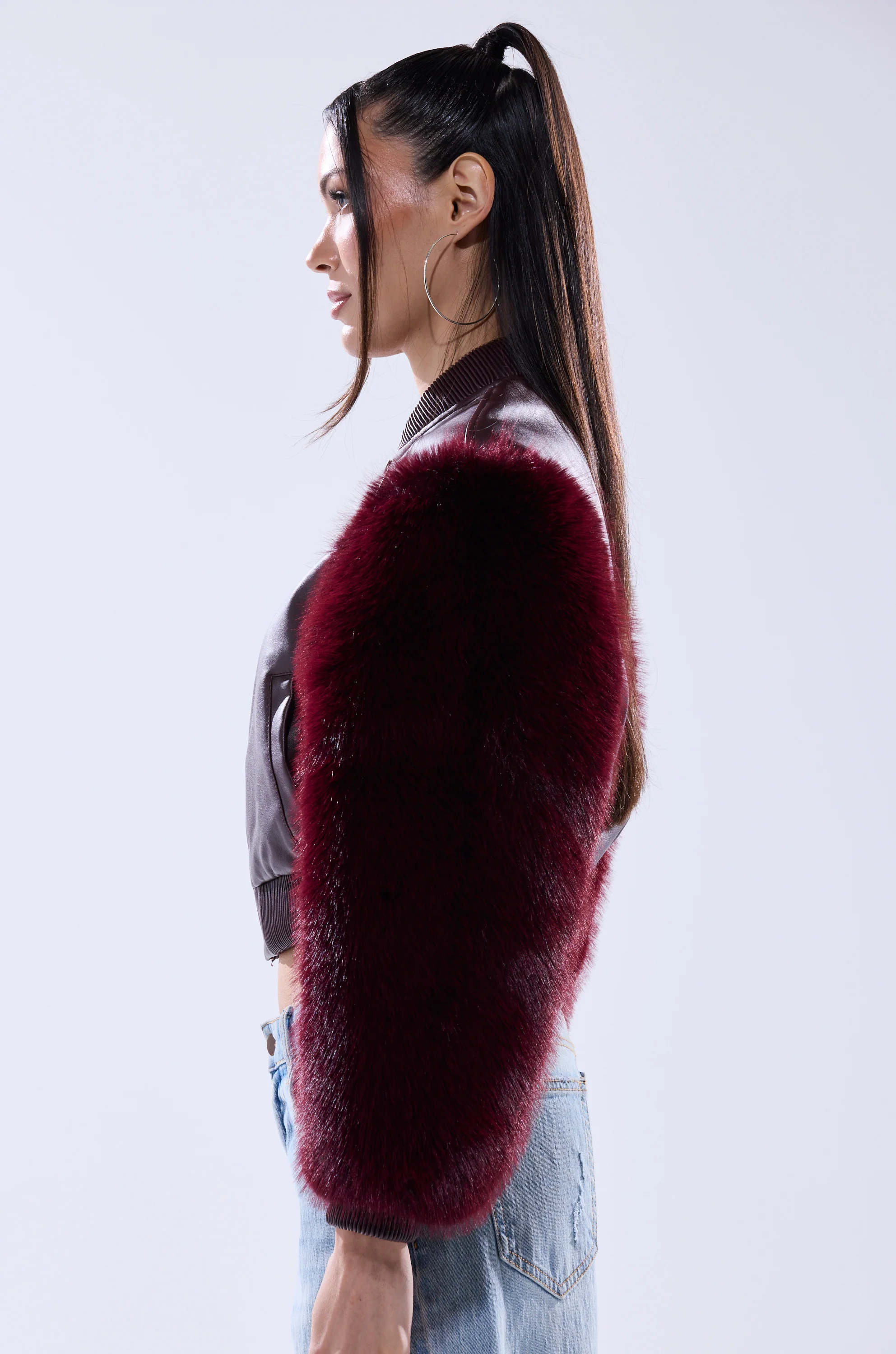 SO GOOD IT HURTS FUR SLEEVE BOMBER IN BURGUNDY - Image 8