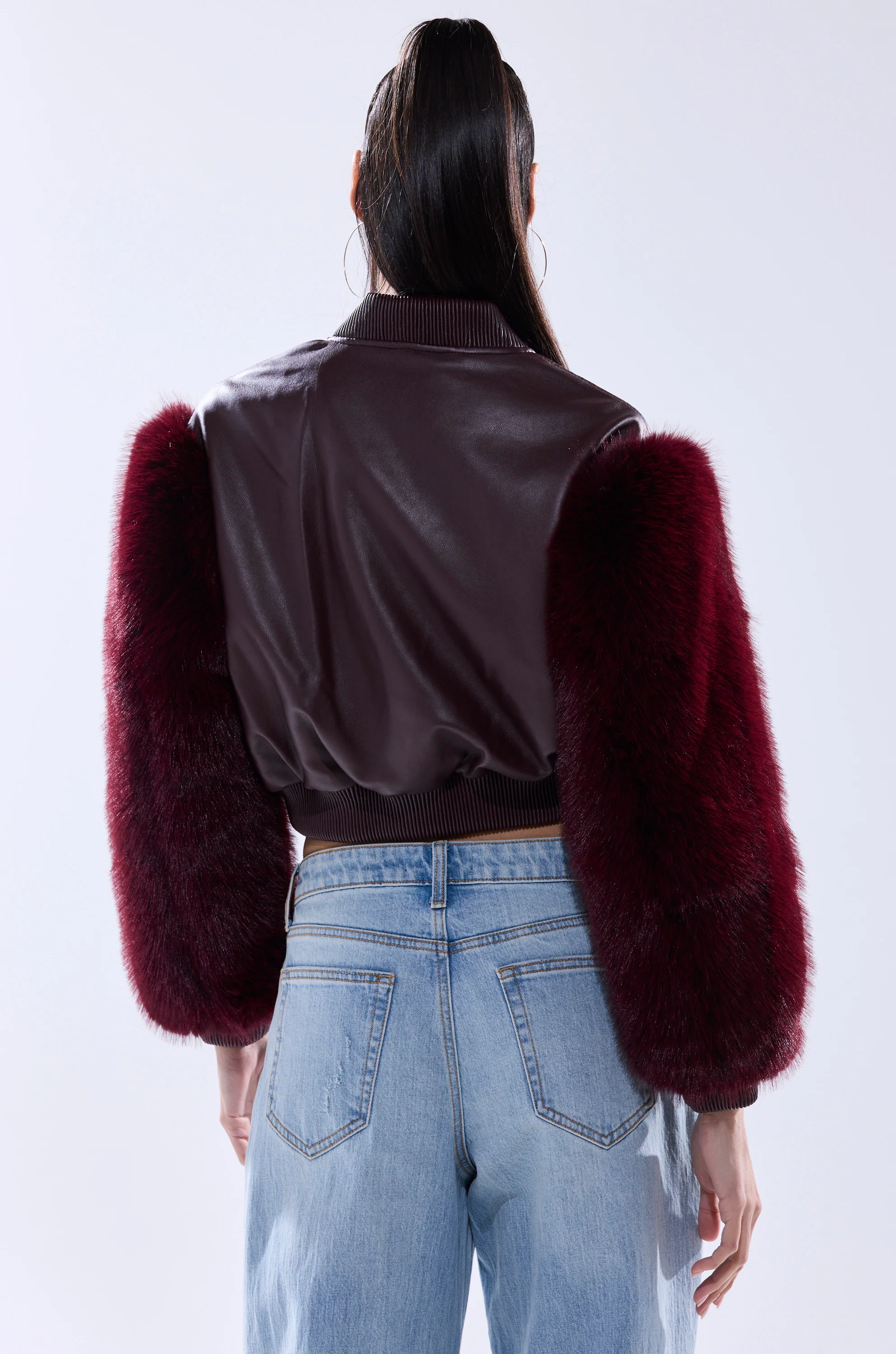 SO GOOD IT HURTS FUR SLEEVE BOMBER IN BURGUNDY - Image 9
