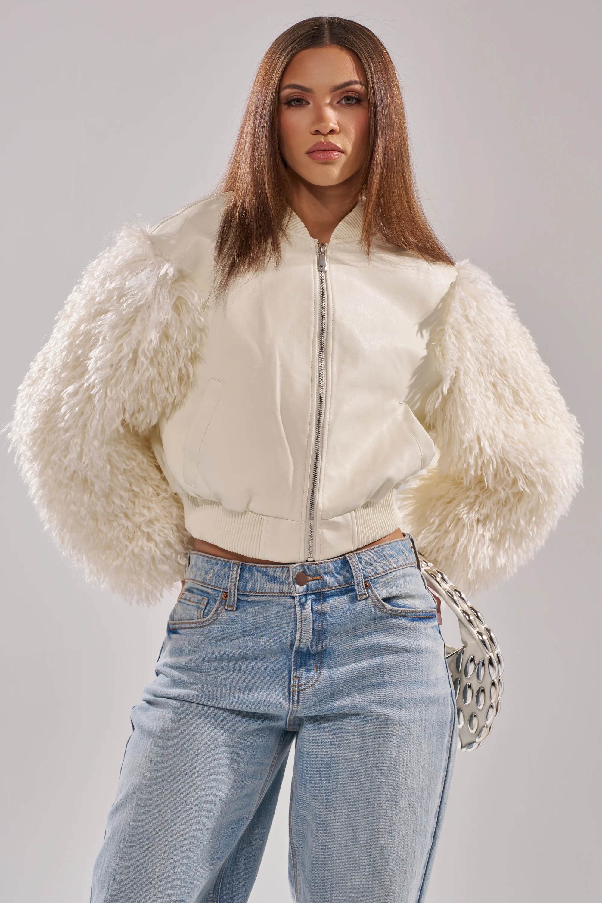 SO GOOD IT HURTS FUR SLEEVE BOMBER IN IVORY - Image 2