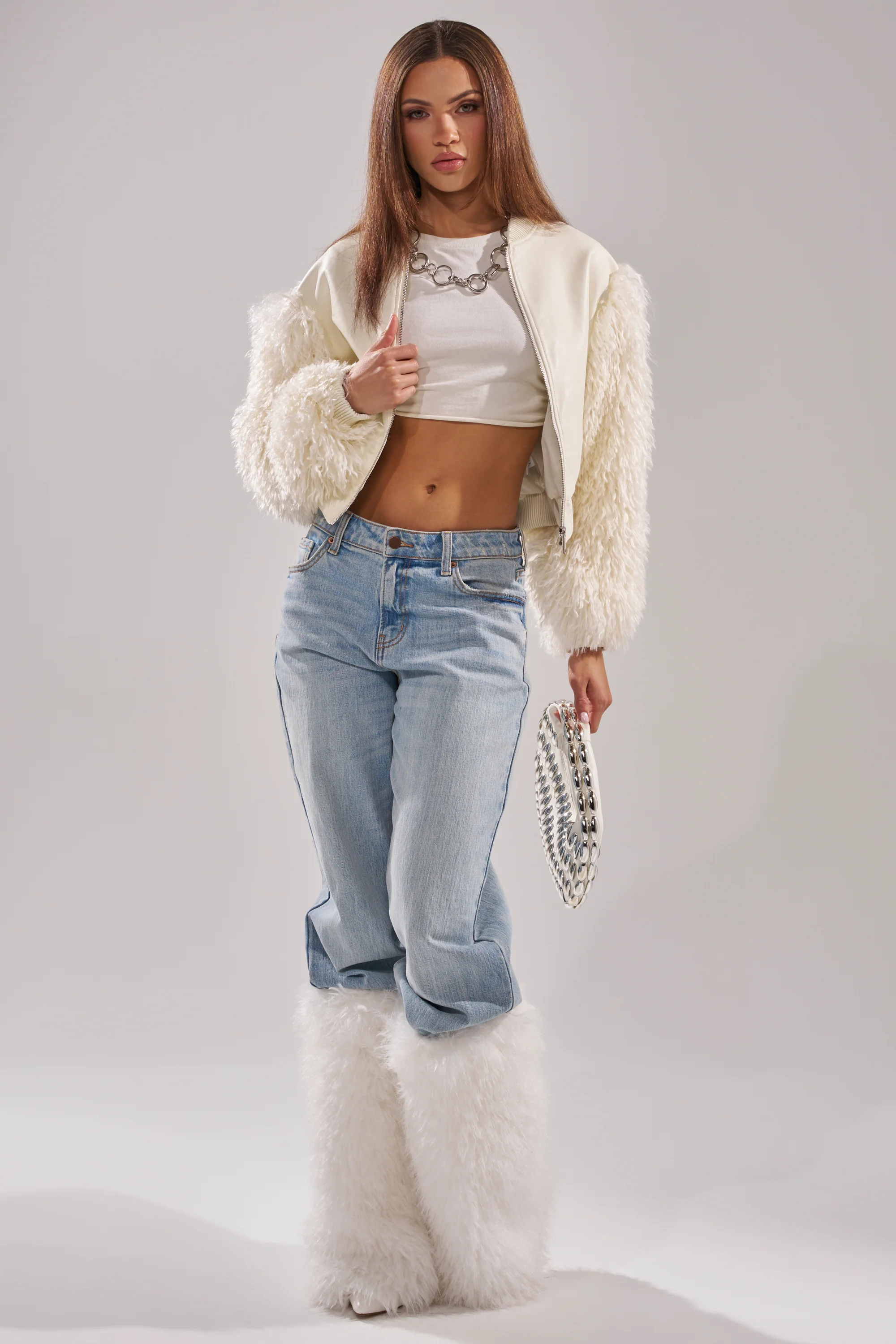 SO GOOD IT HURTS FUR SLEEVE BOMBER IN IVORY - Image 9