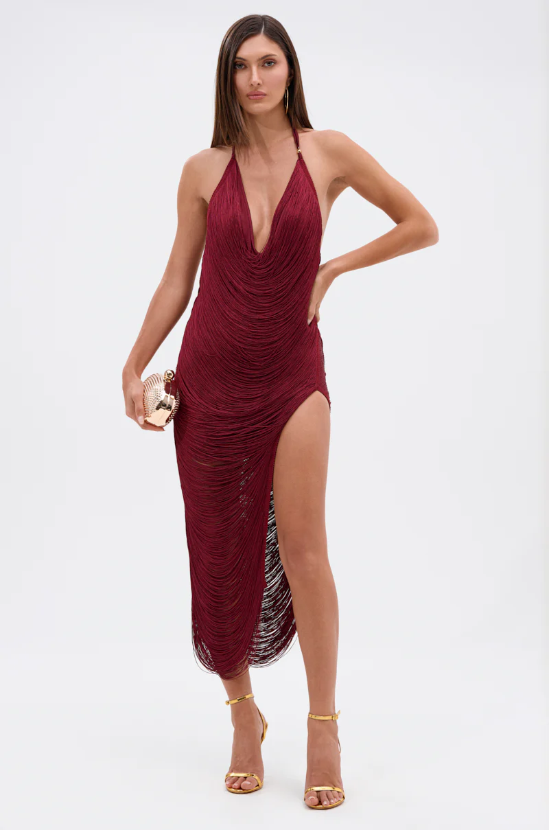SOFIA FRINGE HIGH SLIT MIDI DRESS IN BURGUNDY - Image 2