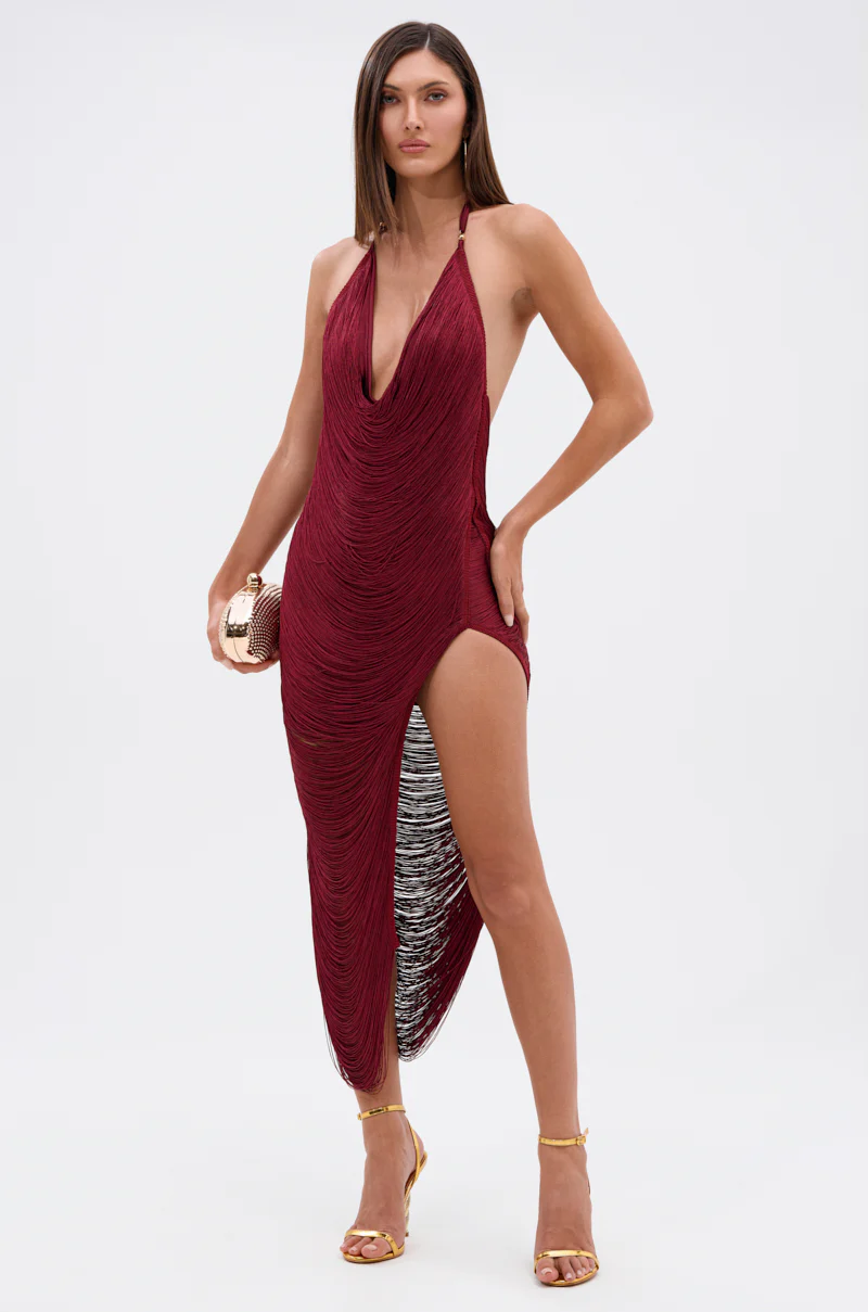 SOFIA FRINGE HIGH SLIT MIDI DRESS IN BURGUNDY - Image 3