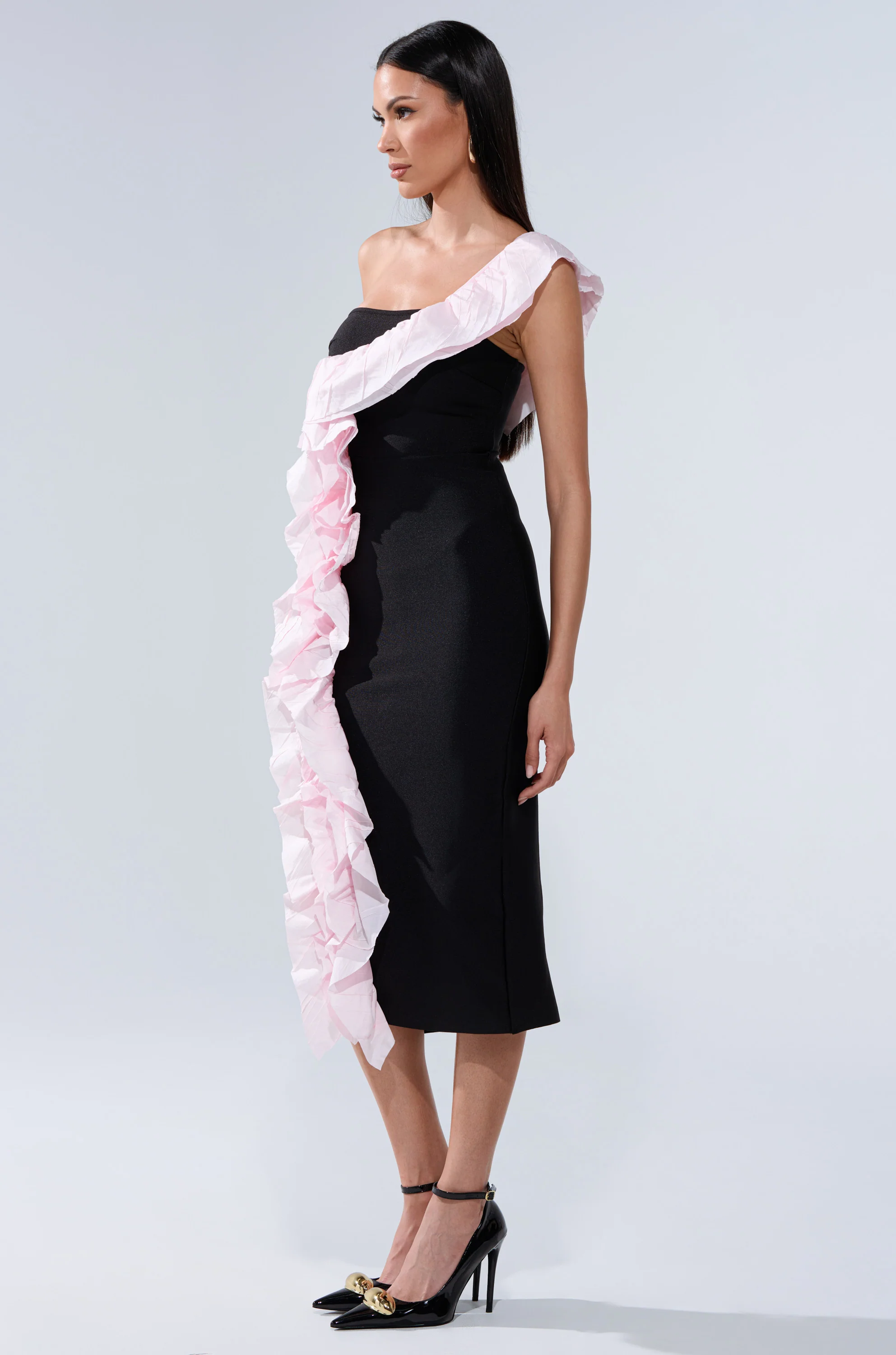SOFT FLEX BANDAGE MIDI DRESS WITH RUFFLE DETAIL - Image 2
