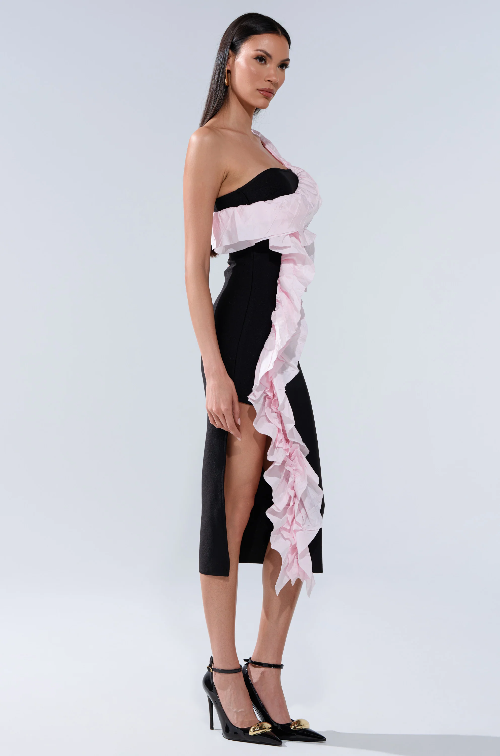 SOFT FLEX BANDAGE MIDI DRESS WITH RUFFLE DETAIL - Image 3