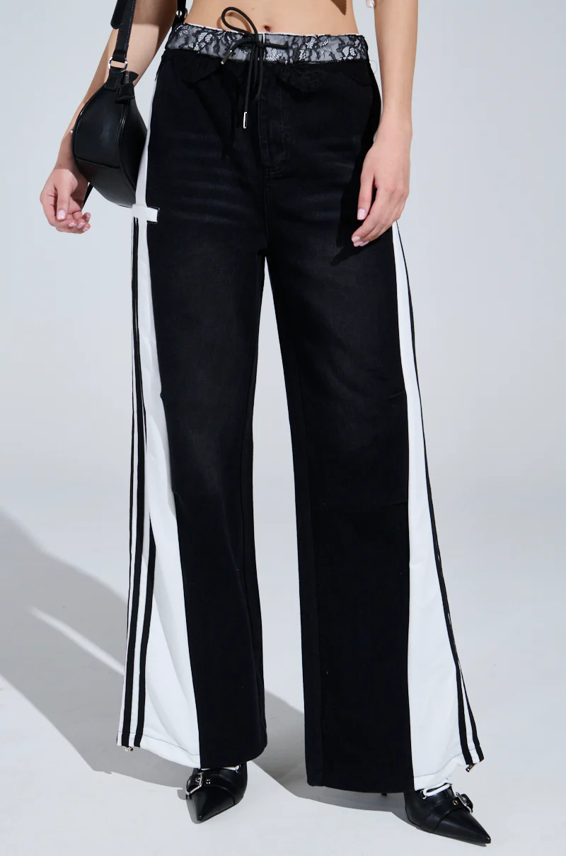 SPORTY AND SWEET BLACK WASH DENIM TRACK PANTS - Image 2