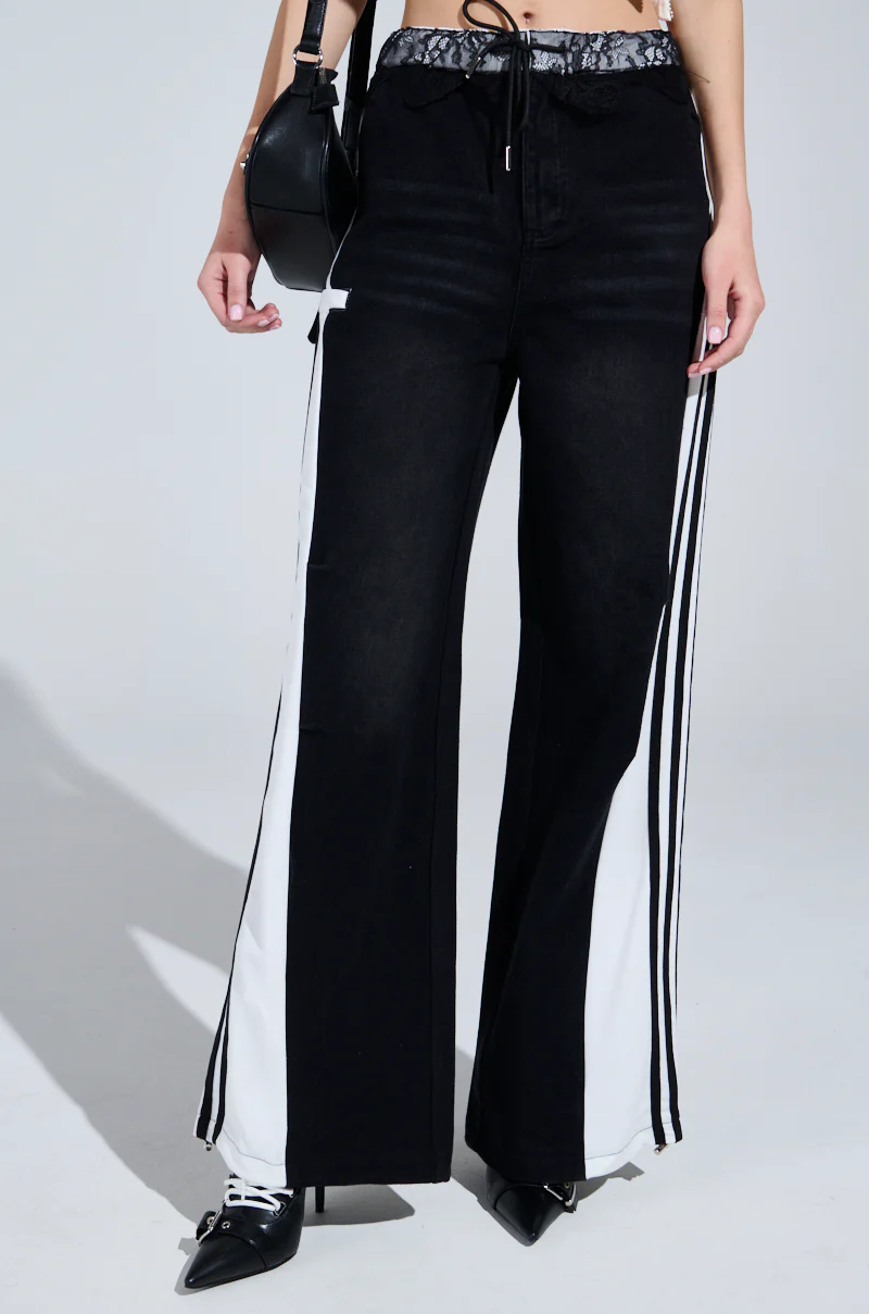 SPORTY AND SWEET BLACK WASH DENIM TRACK PANTS - Image 3