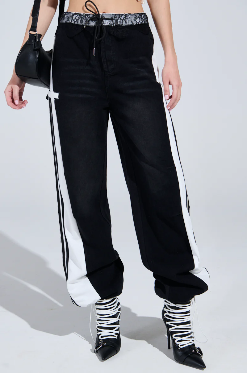 SPORTY AND SWEET BLACK WASH DENIM TRACK PANTS - Image 4