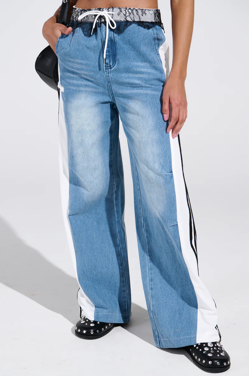 SPORTY AND SWEET LIGHT WASH DENIM TRACK PANTS - Image 2