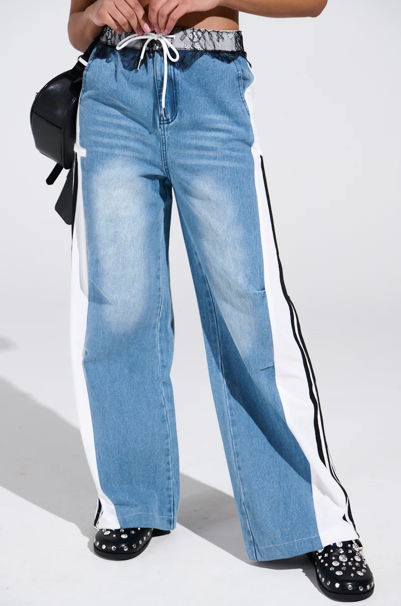 SPORTY AND SWEET LIGHT WASH DENIM TRACK PANTS - Image 3