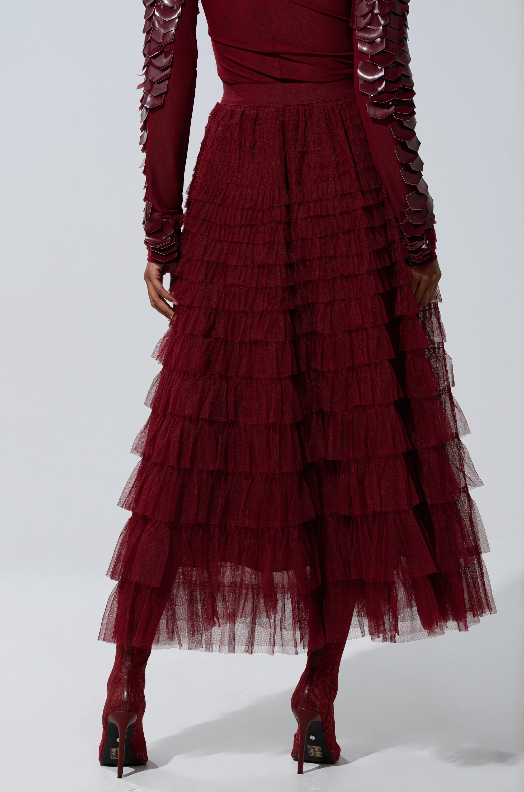STARS ALIGNED MESH RUFFLE MAXI SKIRT IN BURGUNDY - Image 5