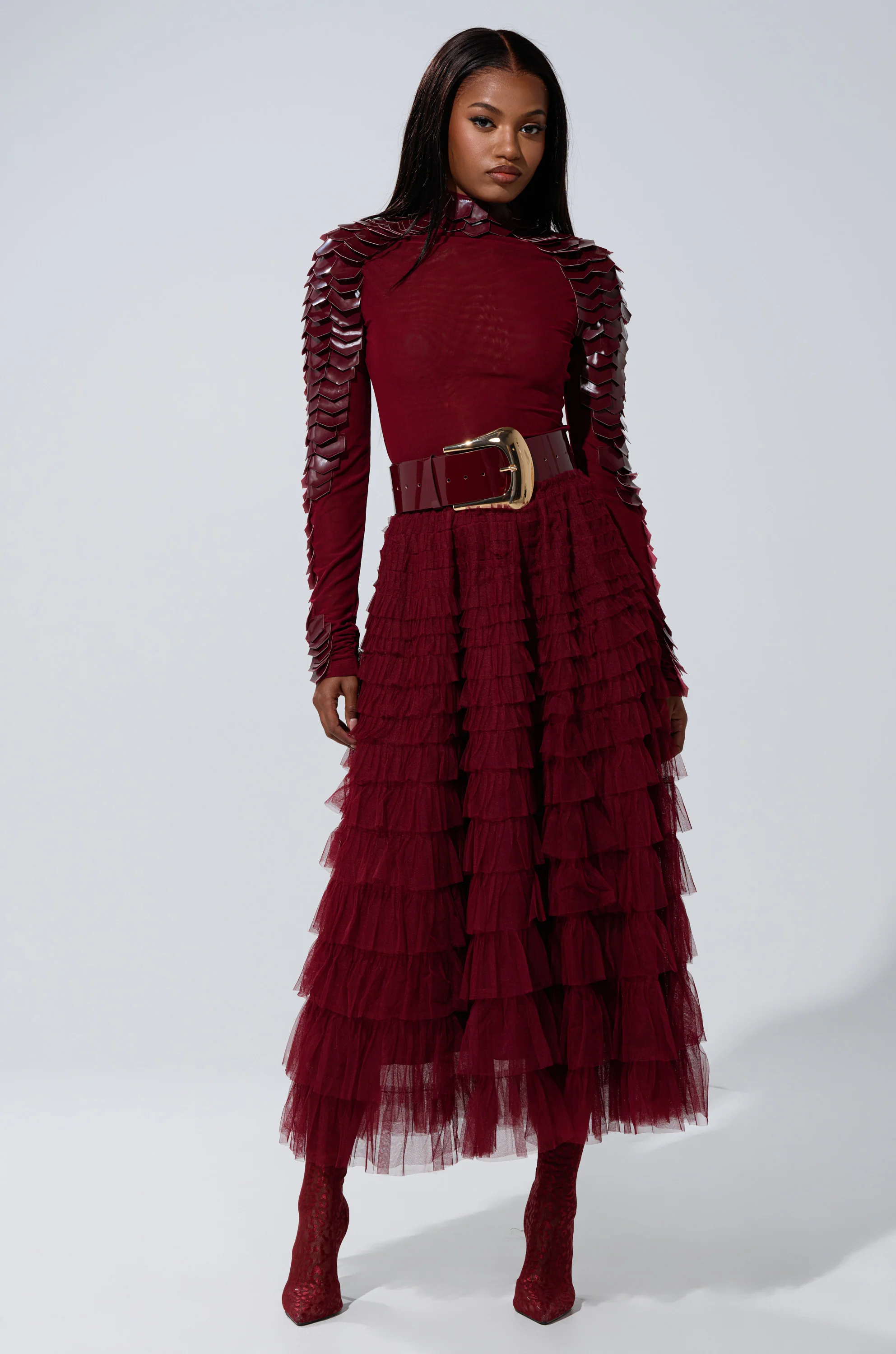 STARS ALIGNED MESH RUFFLE MAXI SKIRT IN BURGUNDY - Image 6