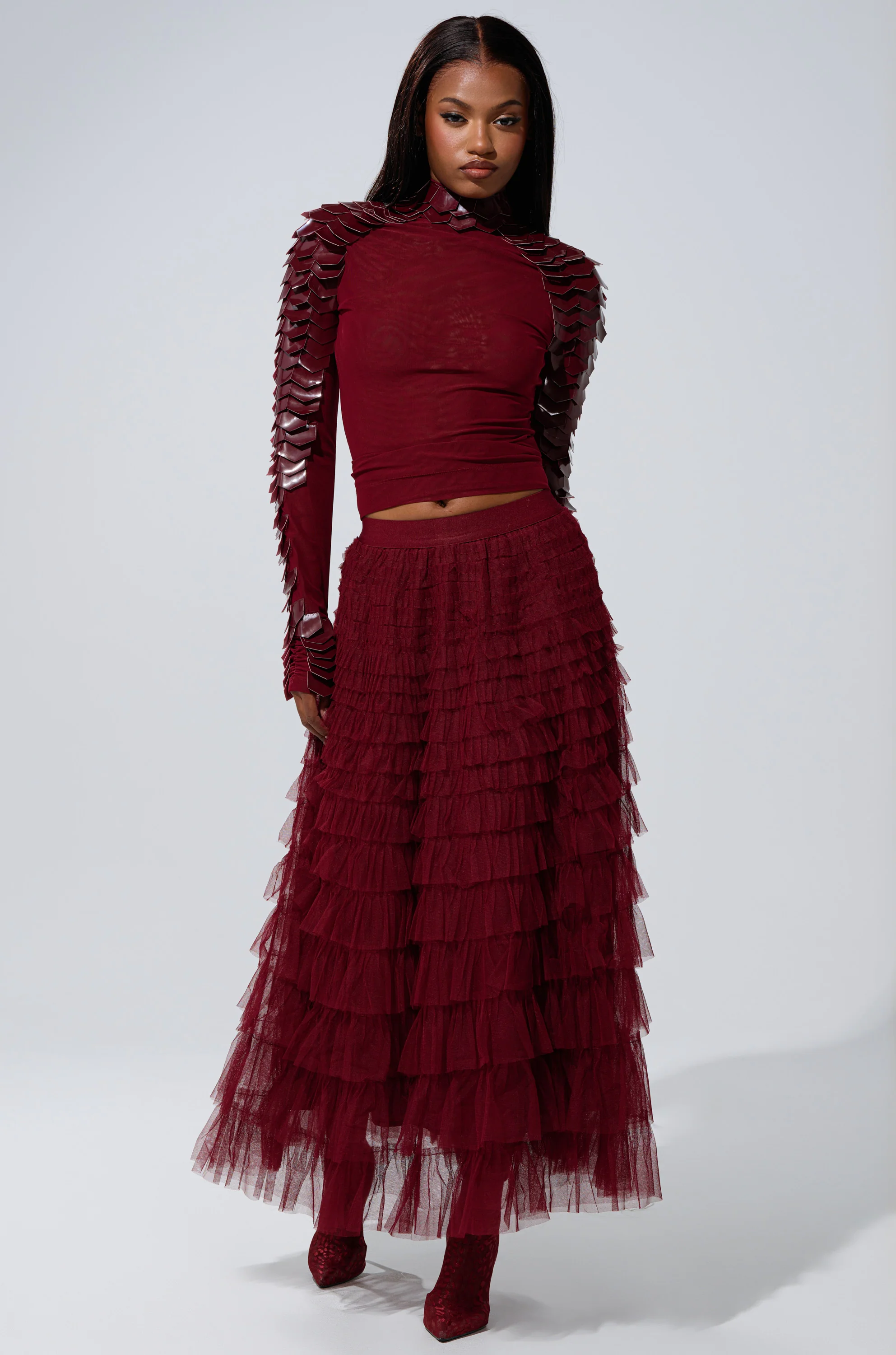 STARS ALIGNED MESH RUFFLE MAXI SKIRT IN BURGUNDY - Image 7