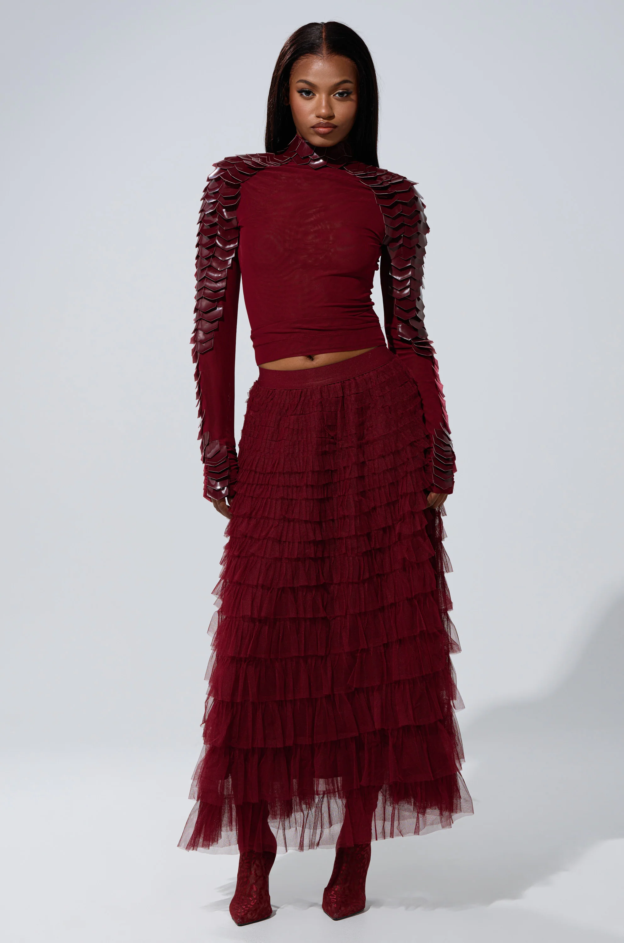STARS ALIGNED MESH RUFFLE MAXI SKIRT IN BURGUNDY - Image 8