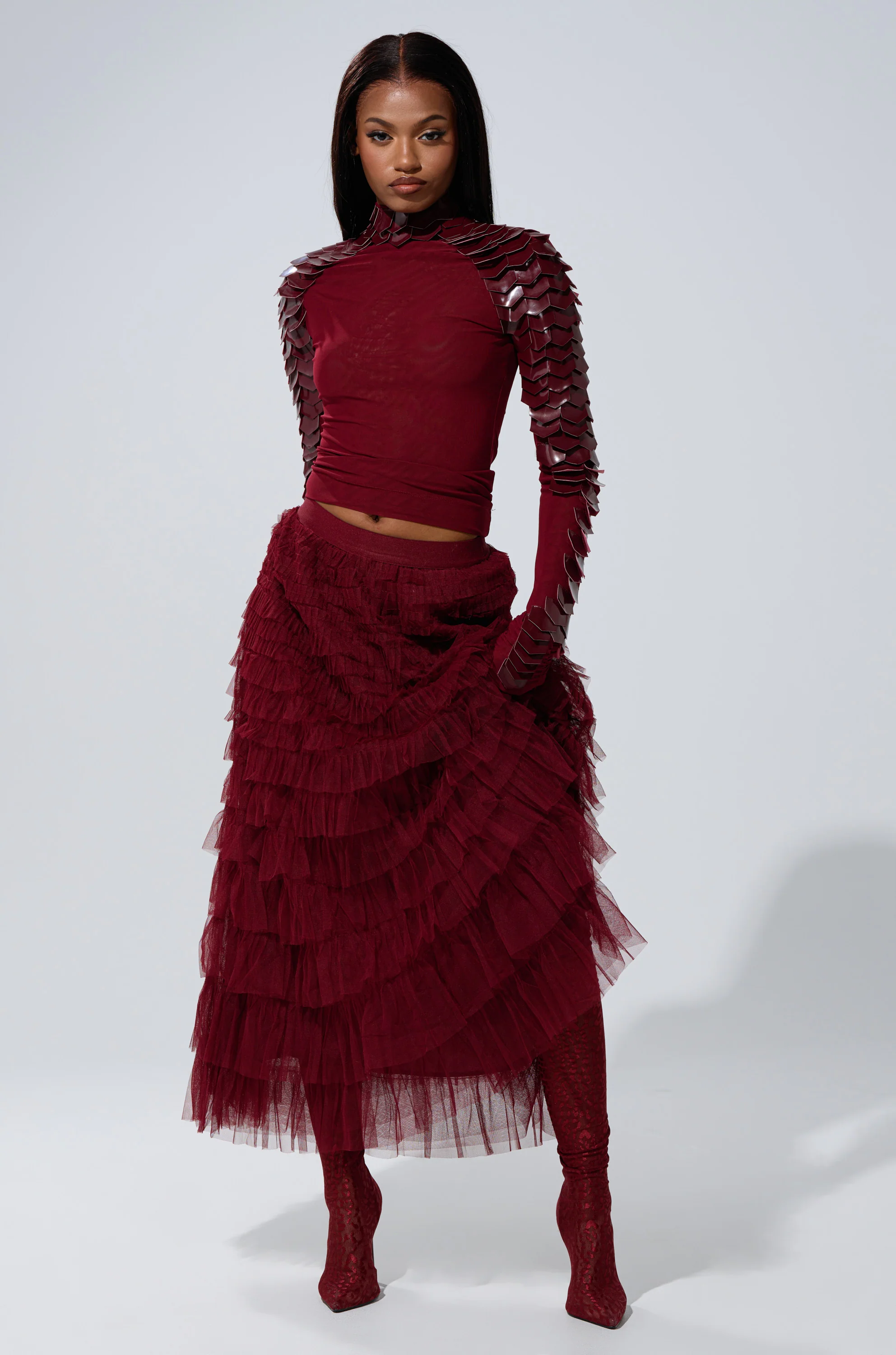 STARS ALIGNED MESH RUFFLE MAXI SKIRT IN BURGUNDY - Image 9